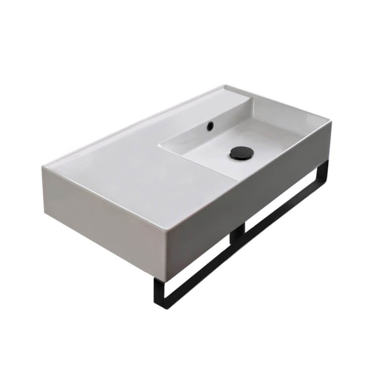 Scarabeo 5118-TB-BLK-No Hole Rectangular Ceramic Wall Mounted Sink With Matte Black Towel Bar